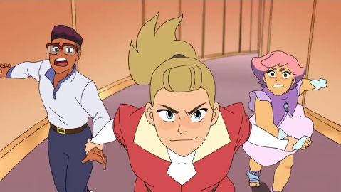 Adora running down the hall with Bow and Glimmer in tow