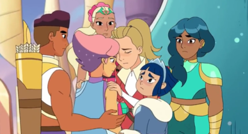 Bow, Adora, and the princesses consoling Glimmer
